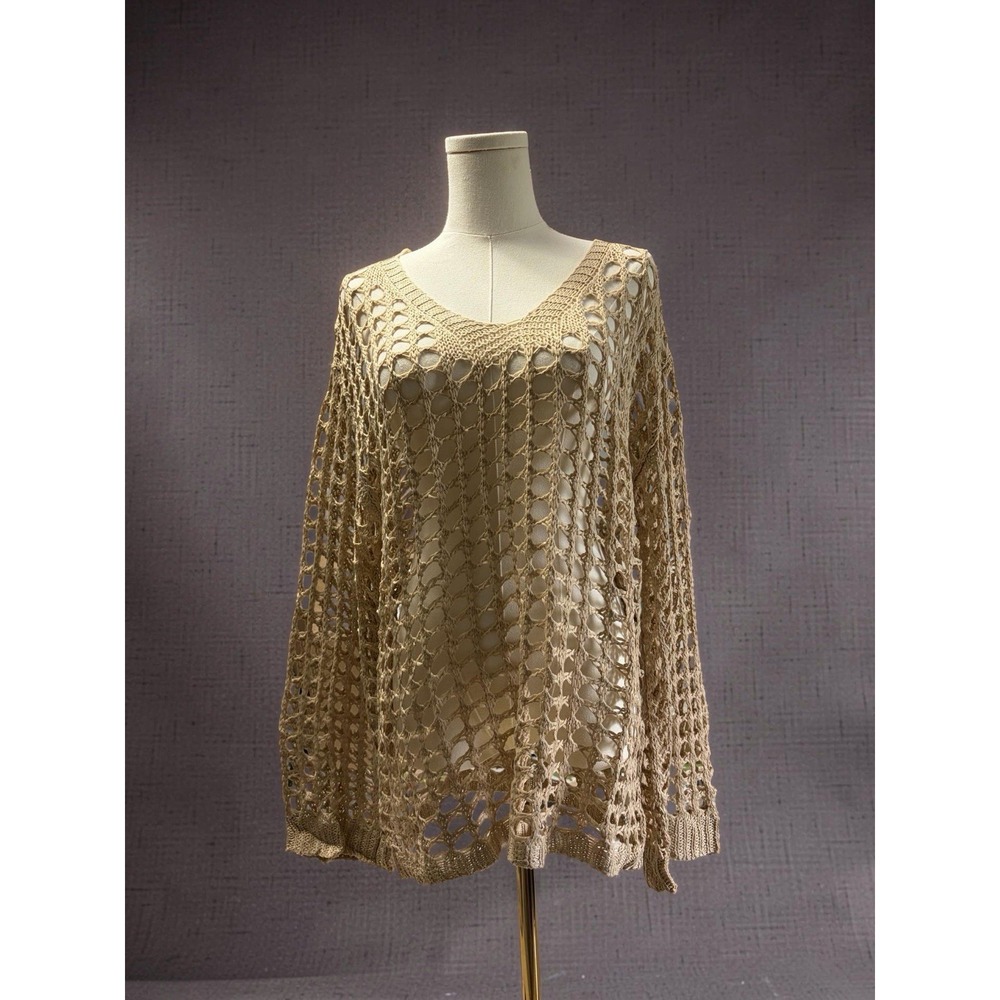 Women's Medium Beige Crochet Fishnet Sweater Open Knit Boho Beach Cover Up